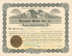 Vreeland Motor Co., Inc. - Stock Certificate